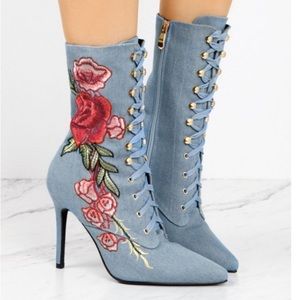 DENIM LACE UP ROSE BOOTIES